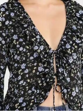 Abercrombie & Fitch Black Floral Tie-Front Top with Lavender Blooms